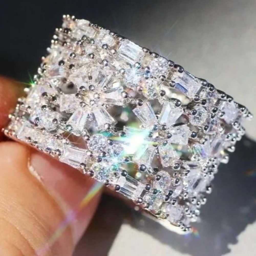 Sparkling Silver Crystal Wide Band Ring - White